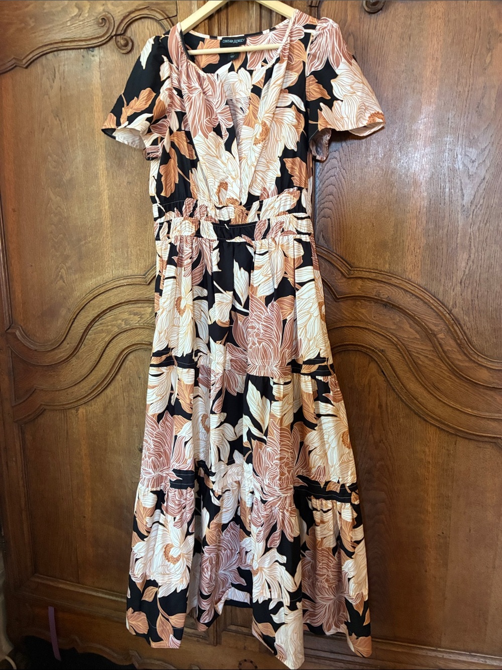 Cynthia Rowley Black Floral V-Neck Tiered Midi Dress - Picture 3 of 8